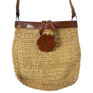 Fossil Raffia Straw Woven Brown Leather Floral Details Crossbody Purse Handbag